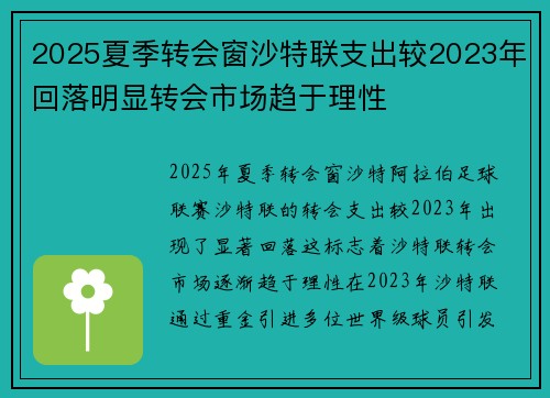 2025夏季转会窗沙特联支出较2023年回落明显转会市场趋于理性